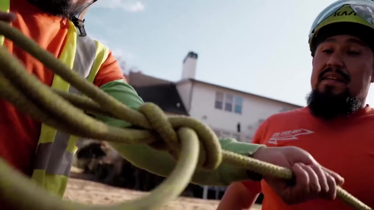 770-Tree-Guy crew rigging down a large hardwood limb near a historic Senoia home