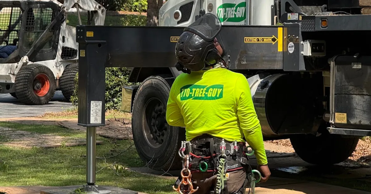 Tree service worker in safety gear and harness standing beside a crane truck and skid steer.