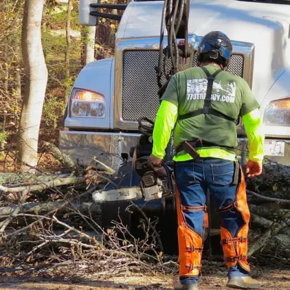 Tree crew member in safety chaps and helmet stands with chainsaw beside a bucket truck near cut branches.
