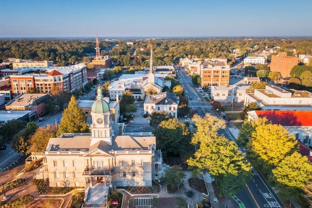 Aerial view of downtown Hampton, GA with its clock tower