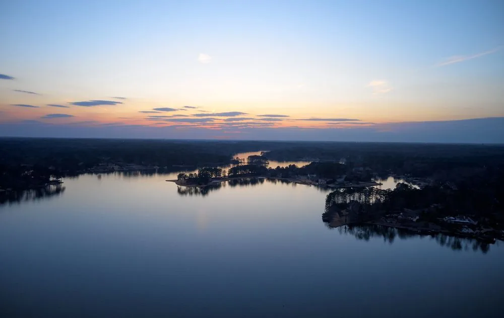 Aerial view of a lake at sunset near Jonesboro, GA