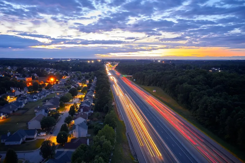 Aerial view of a highway running through a residential area in Stockbridge, GA