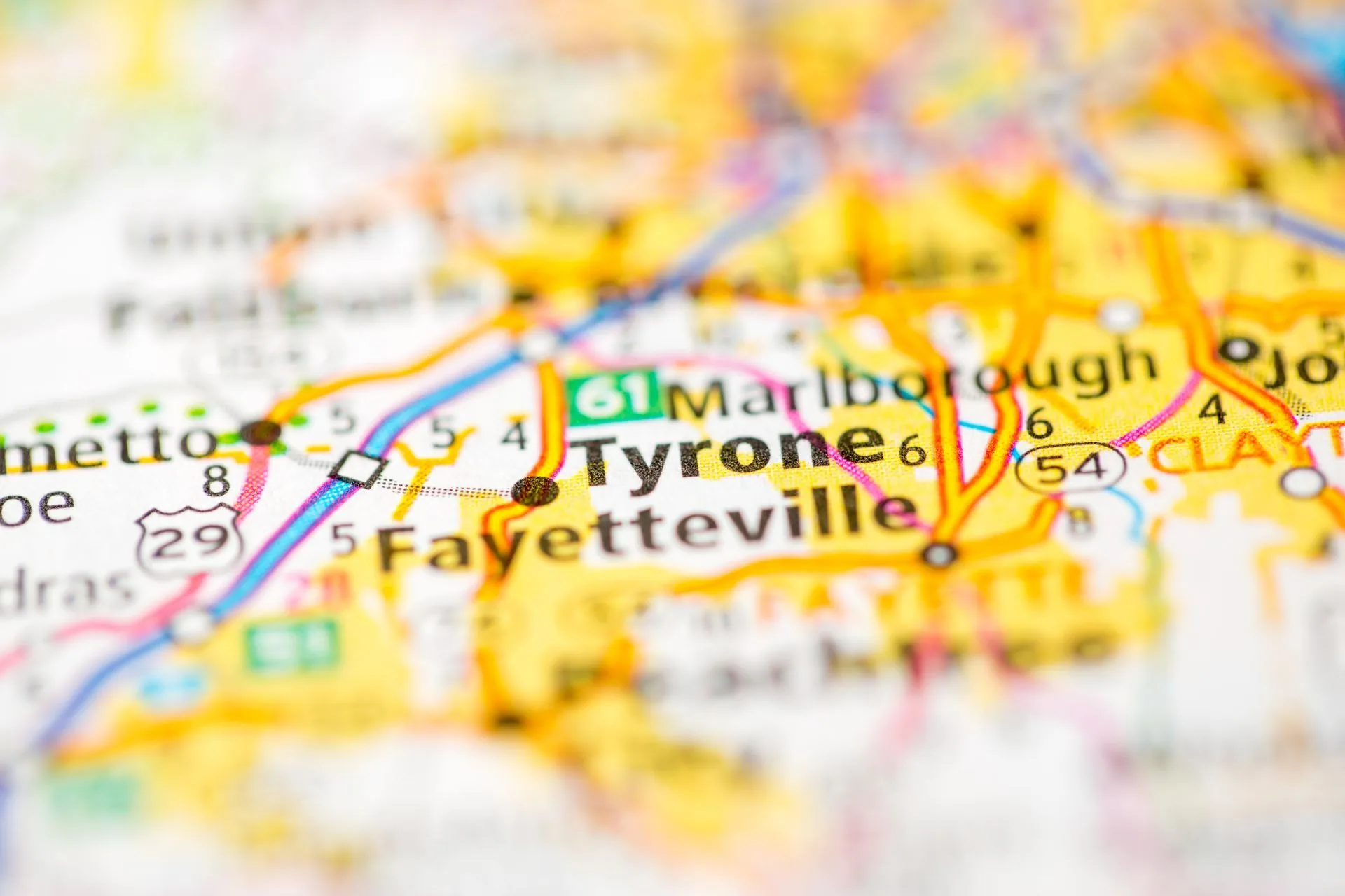 Map showing Tyrone and Fayetteville, GA